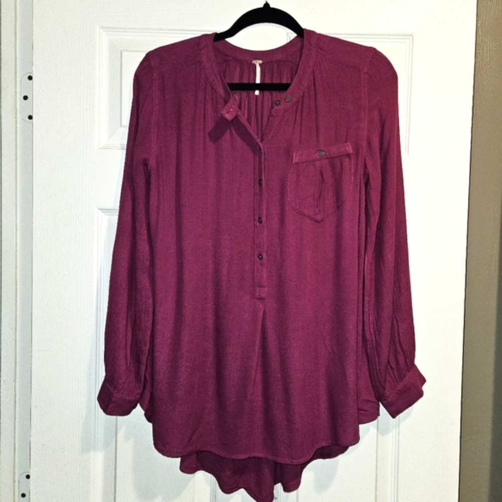 Free People Pink Blouse Henley Button Top Extra Small XS Oversized Flowy Boho